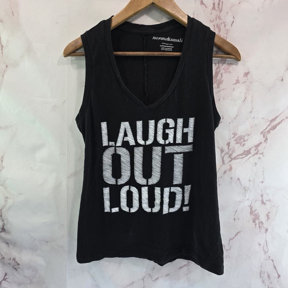 Norma Kamali Tank Top Womens Medium Black Tee Organic Cotton Laugh LOL Shirt